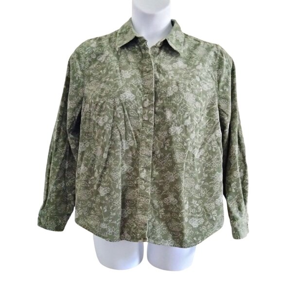 C.J. Banks Plus Size 1X Top Green Floral Corduroy Button-Up Long Sleeve Collared - Picture 2 of 11